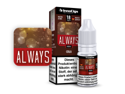 10 ml Always Fertigliquid von InnoCigs mit dem Geschmack von Cola in den Nikotinstärken 0mg/ml, 3 mg/ml, 6mg/ml, 9mg/ml und 18mg/ml